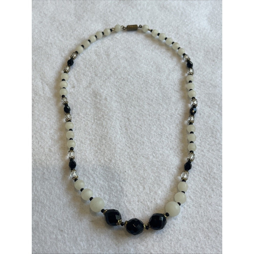 Vintage Goldtone Metal Opaque Clear & Black Glass Bead 20.25" Necklace